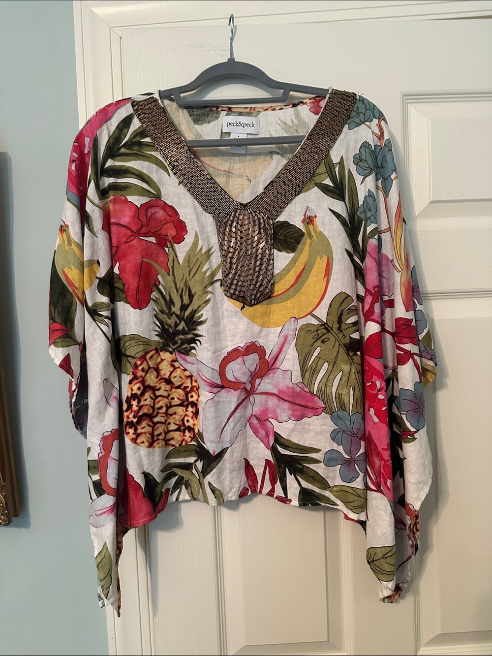 Peck & Peck White Tropical Floral V-Neck Tunic with Beaded Trim